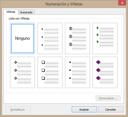 Diálogo de Acciones de RichView para aplicar y modificar viñetas y numeración