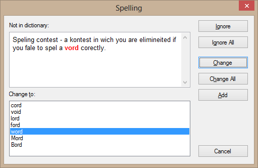 Cuadro de diálogo de ortografía moderno (HunSpell, ASpell) Cuadro de diálogo de tipo Microsoft Word usado para HunSpell, ASpell